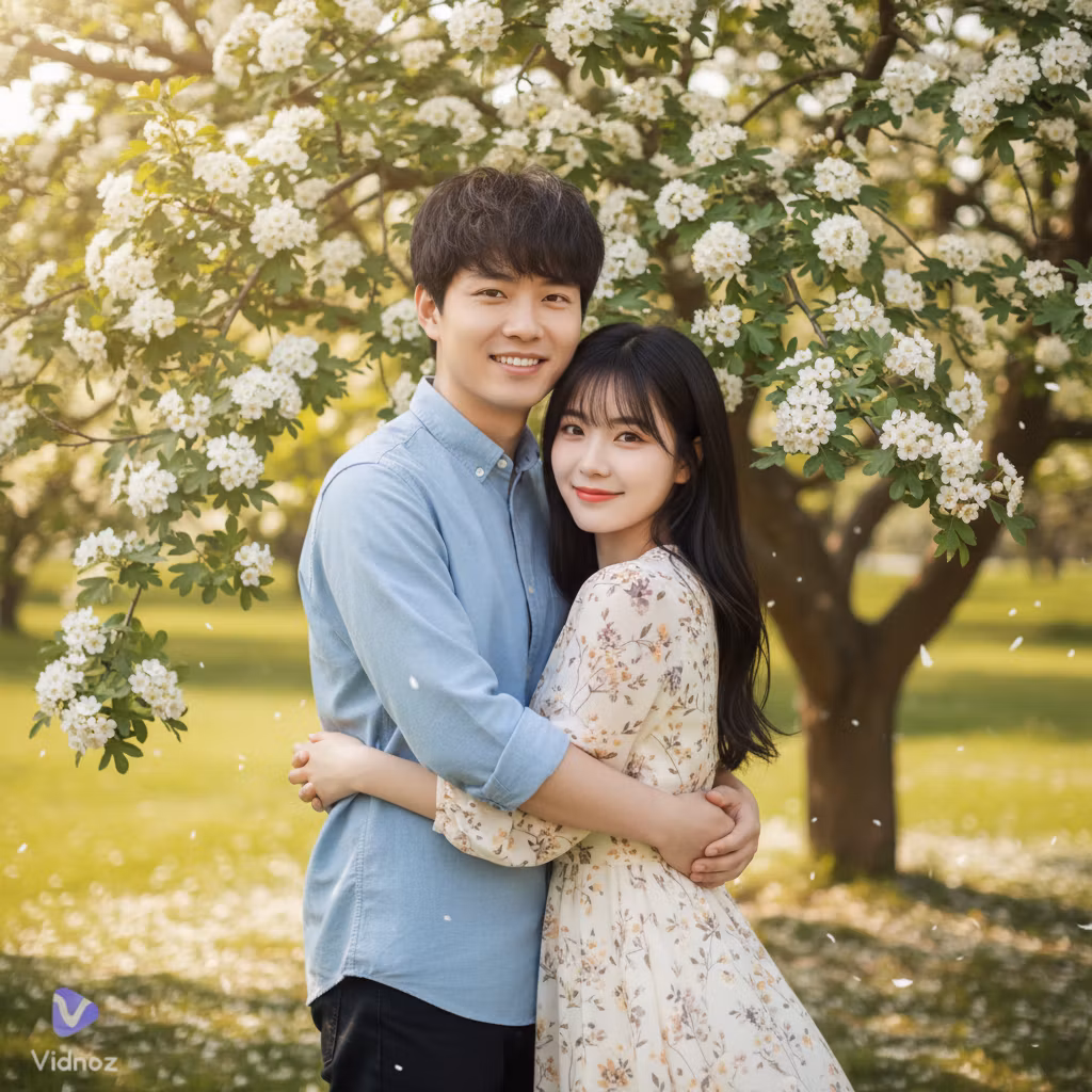 Ethan Luo – 创建一张温馨浪漫的合照，将两张照片中的人物合成在一起。场景设定：两人幸福地相拥站在一棵盛开的山楂树下，白色的山楂花朵繁茂绽放，温暖的阳光透过花枝洒下，营造出温馨甜蜜的氛围。

人物要求：
- 男性（来自第一张照片）：保持原有的面部特征…