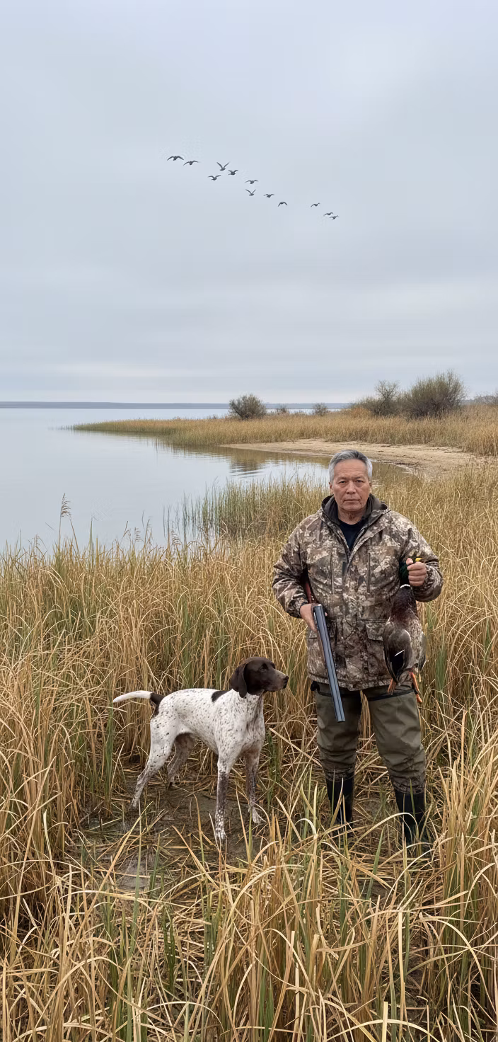 Alexey Rasskazov – A mature hunter with graying hair standing in tall reeds by a lake during duck hunting season. He wears authentic hun…