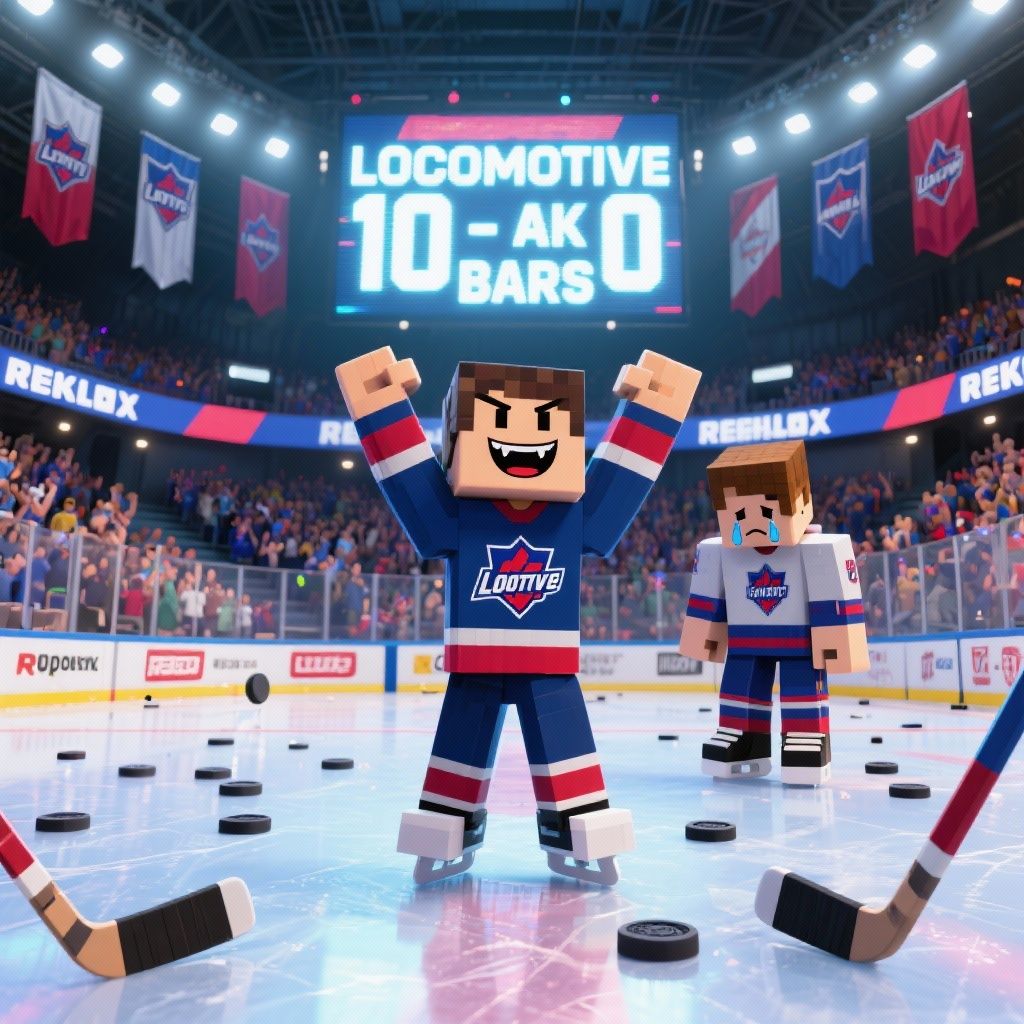sweets – Dynamic Roblox hockey arena scene celebrating Locomotive team's crushing 10-0 victory over Ak Bars in REKHL league. C…