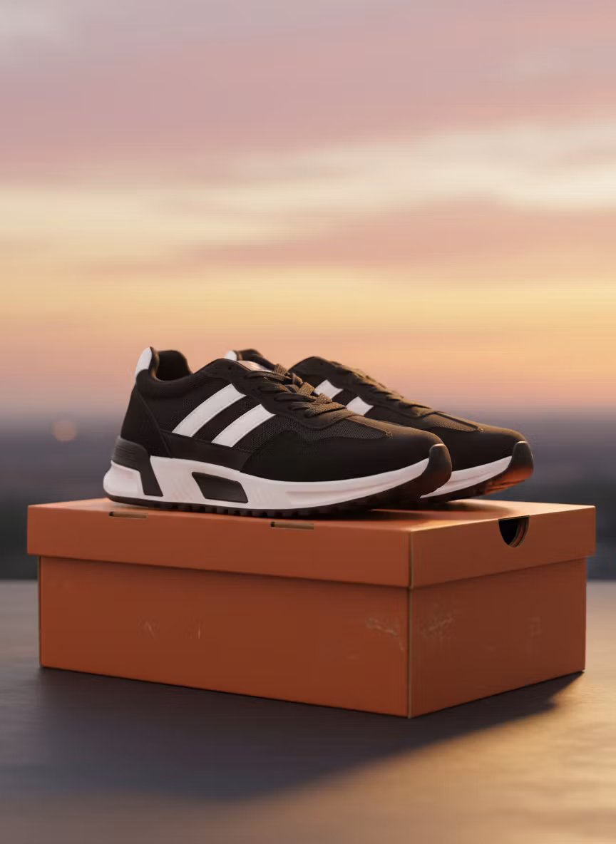 Александр тв – Use the provided photograph of the black sneakers as the primary subject. Create a photorealistic product-style compo…