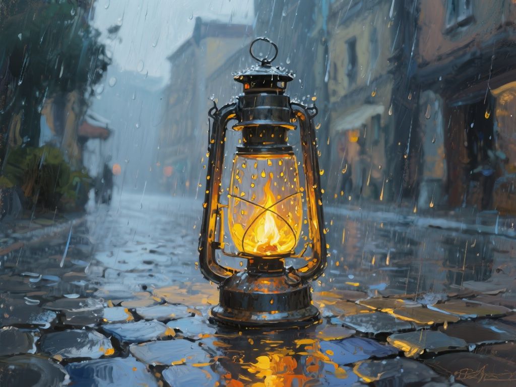 bluewallblacktile – Painterly illustration of an old metal lantern glowing warmly in the middle of a rainy street. Loose brush strokes ca…