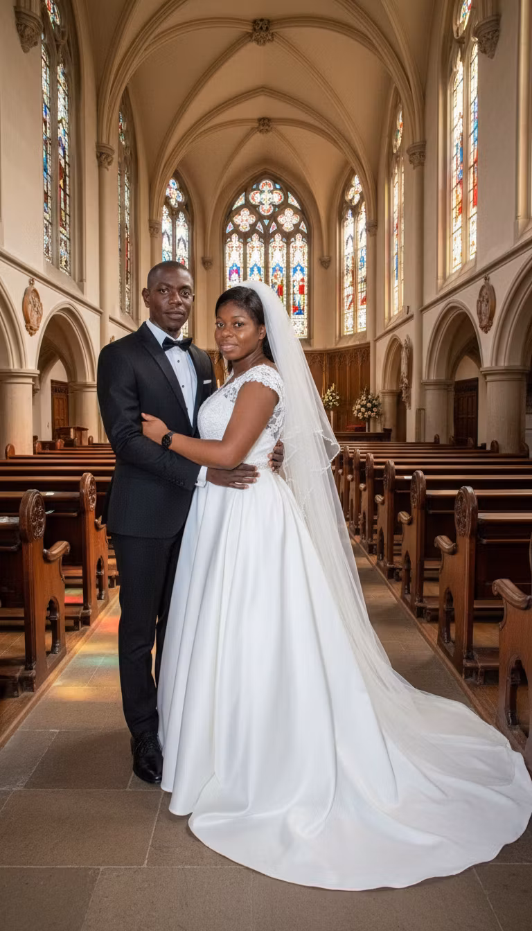 Manuel Cruz – Transform the provided image of the couple into a wedding scene in a church. Dress the man as a groom in a classic bl…