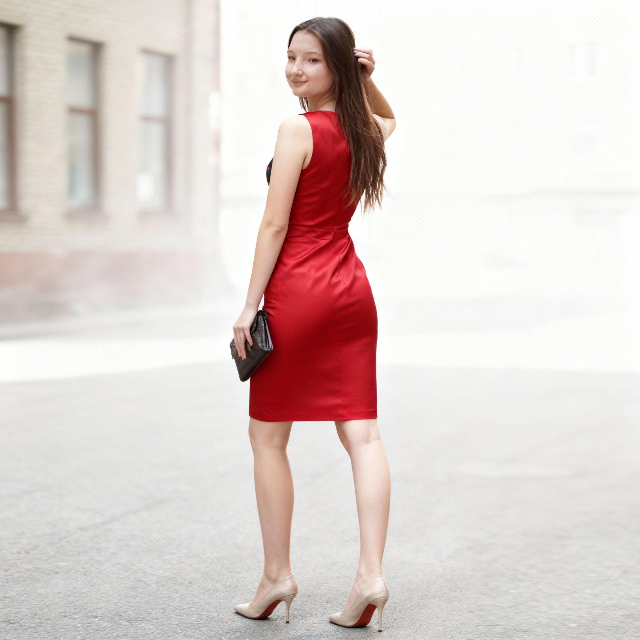 валерия задорожняя – Update the outfit to a sophisticated red sheath dress with clean lines and subtle sheen, heels, and a clutch bag. Cha…