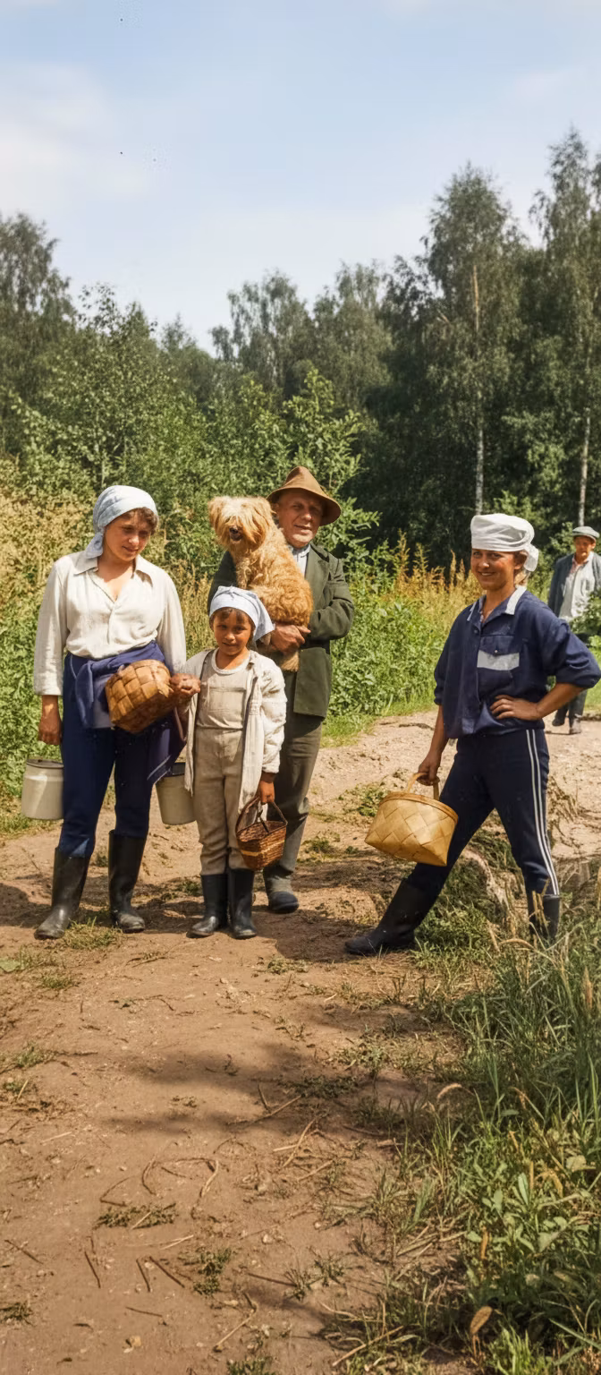 Wowa – Colorize this black and white vintage photograph of a rural family group standing on a dirt path with tall grasses an…
