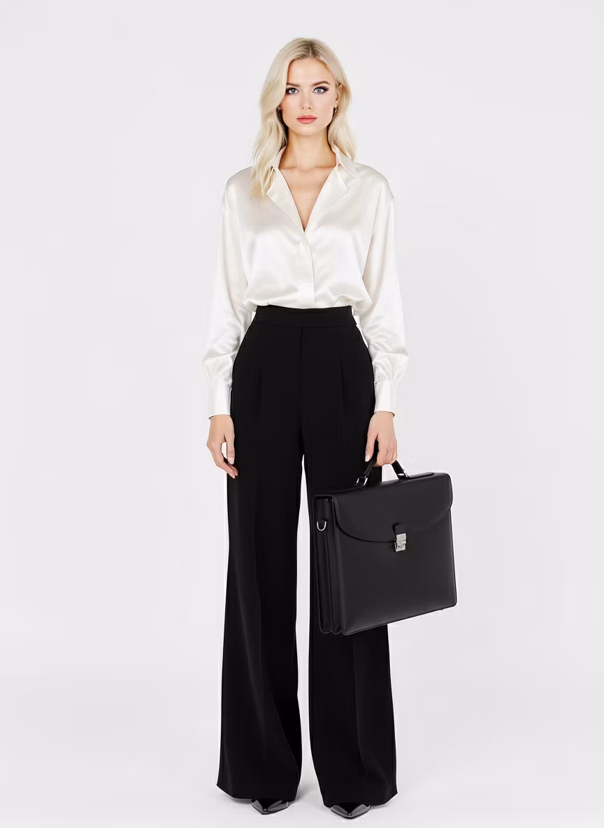 konstantin kokin – Add a sleek black leather briefcase in the woman's right hand. The briefcase should be professional and elegant, made…