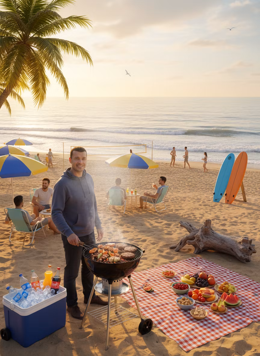 Алексей Кабаков – A vibrant beach barbecue scene during golden hour, featuring a person grilling fresh seafood and burgers on a portabl…