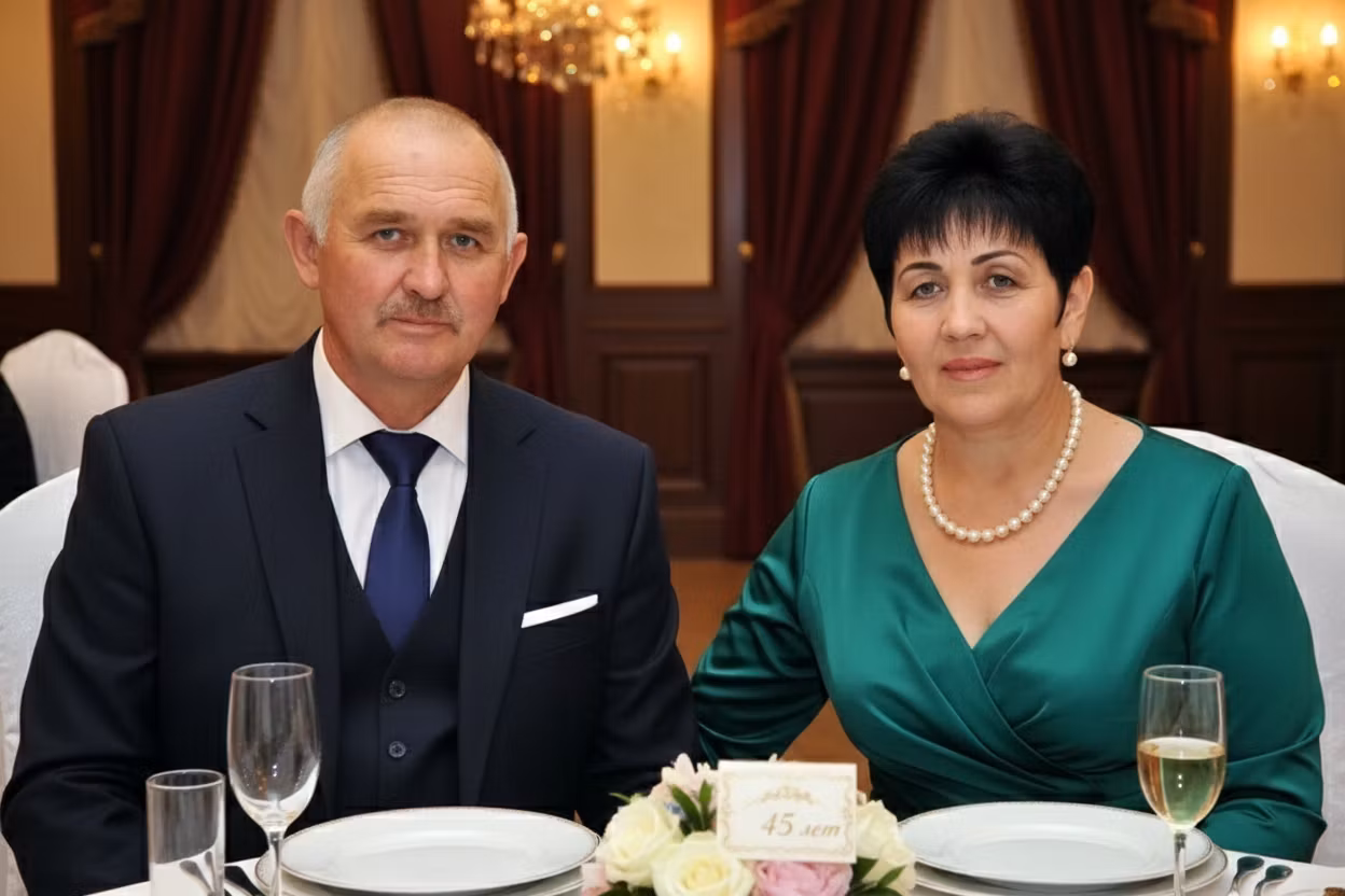 Ксения Павленко – Edit the provided waist-up portrait of a middle-aged couple celebrating an anniversary. Keep both subjects' poses, fa…