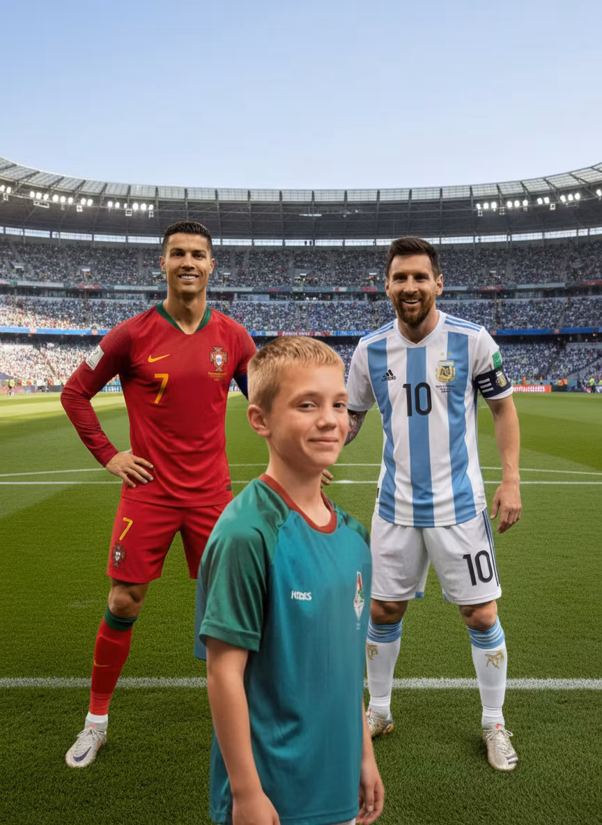 Александр – Using the provided image of the young boy in the green jersey, create a new composite image where he is standing next…
