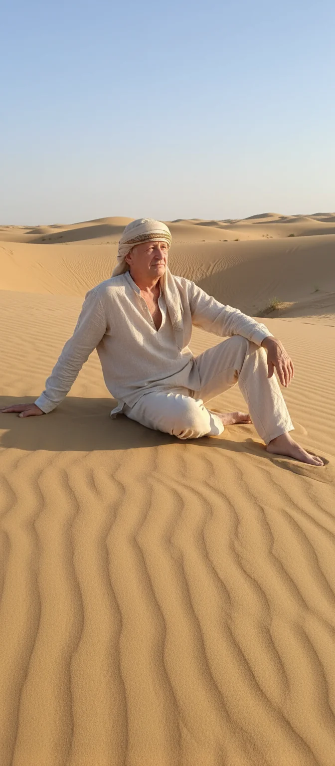 Юрий Кучин – A contemplative man sitting on a golden sand dune in a vast desert landscape, positioned in a relaxed pose with one a…