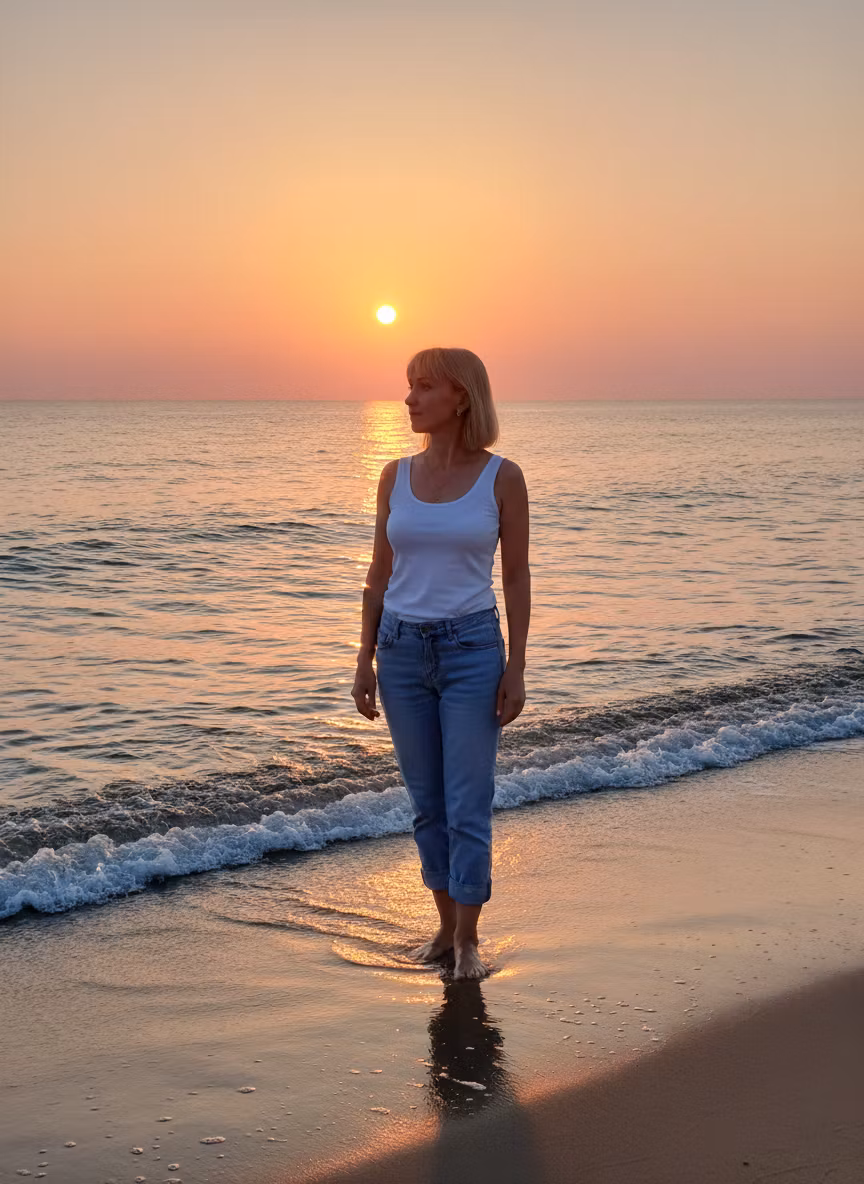 сергей меренков – Replace the face of the woman in the beach sunset scene with the exact face from the reference portrait photo. Preser…