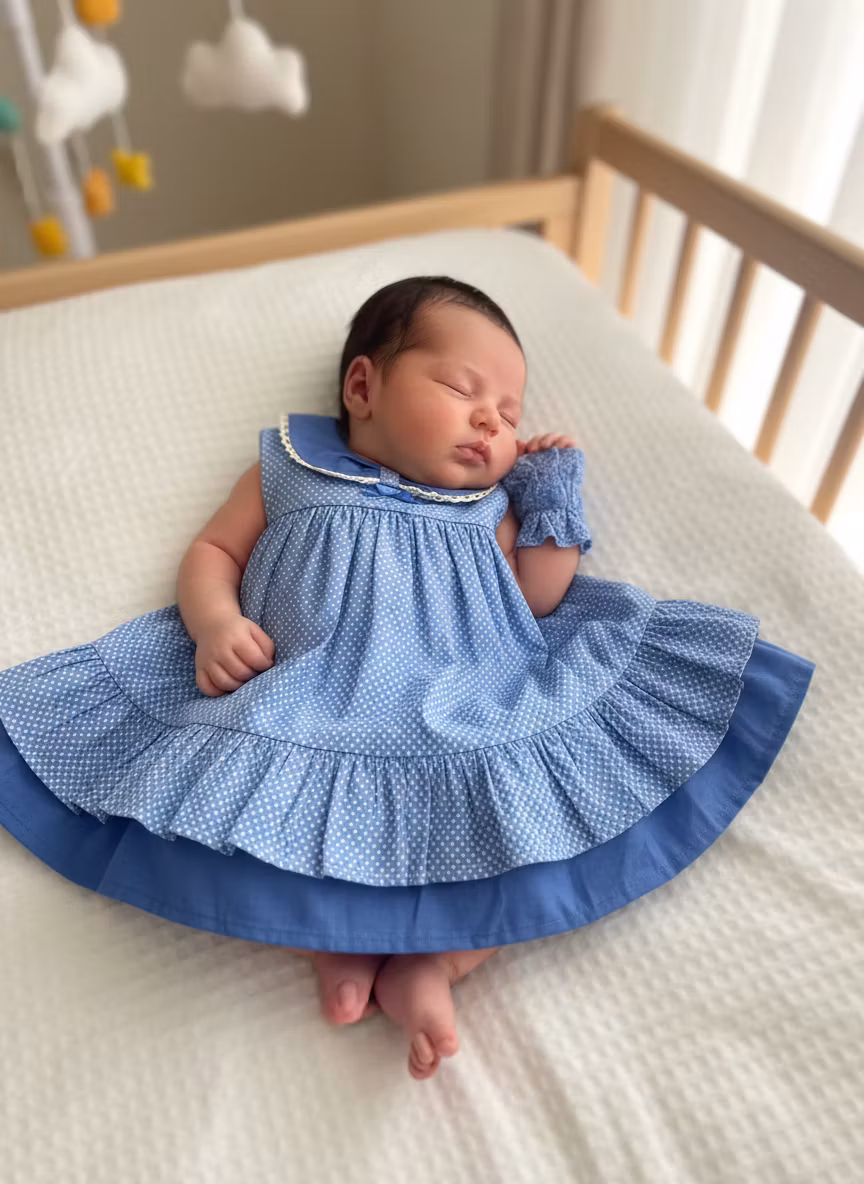 Rahil Suroo – A adorable newborn baby girl peacefully sleeping while wearing a charming blue polka-dot dress set. The sleeveless dr…