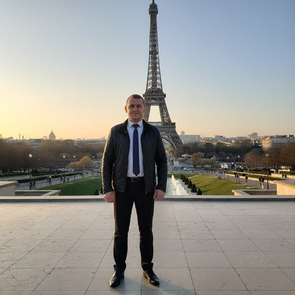 vladi Kazzta – Create a full-body portrait of the man standing elegantly in front of the Eiffel Tower in Paris. Show him from head t…