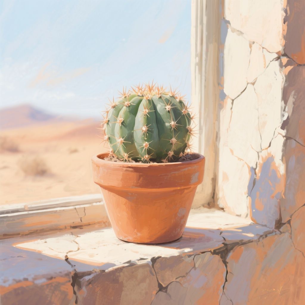 bluewallblacktile – Painterly illustration of a small round cactus in a terracotta pot with layered earthy tones. Loose yet detailed brus…