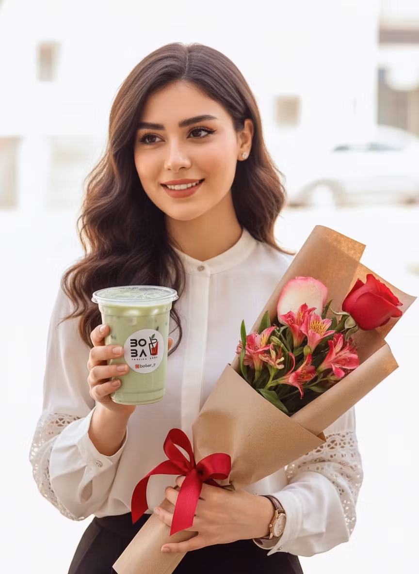 Mohammadsadegh Niazi – A beautiful young Persian woman elegantly holding a green matcha or milk tea drink in one hand and a stunning bouquet…