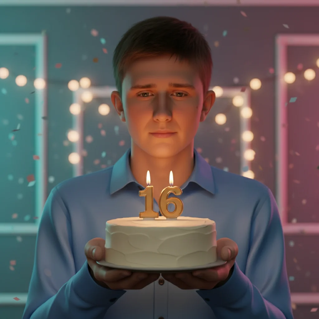Ксения Павленко – Using the provided photo of a single teenage male holding a small white cake with two lit numeral candles "16", keep …