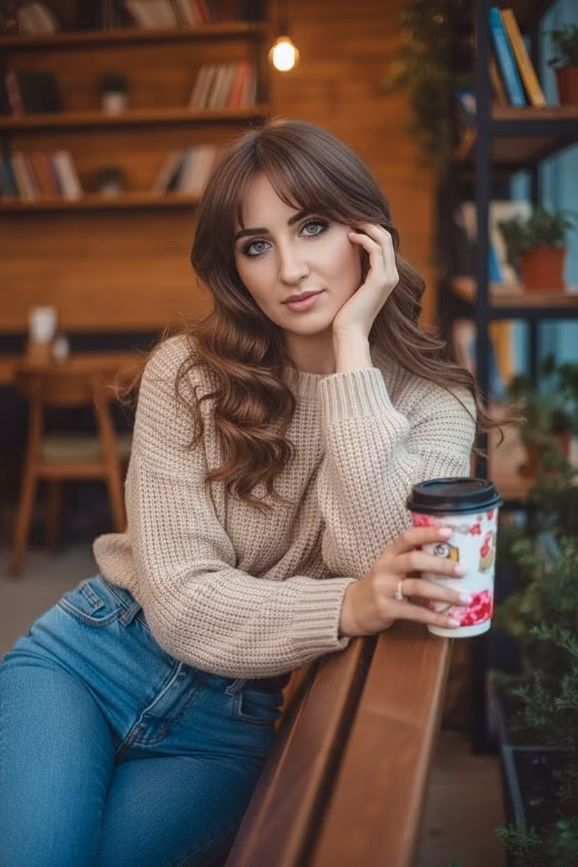 Любовь Павленко – Edit the provided image of a young woman with long wavy brown hair sitting on a wooden bench, leaning slightly toward…