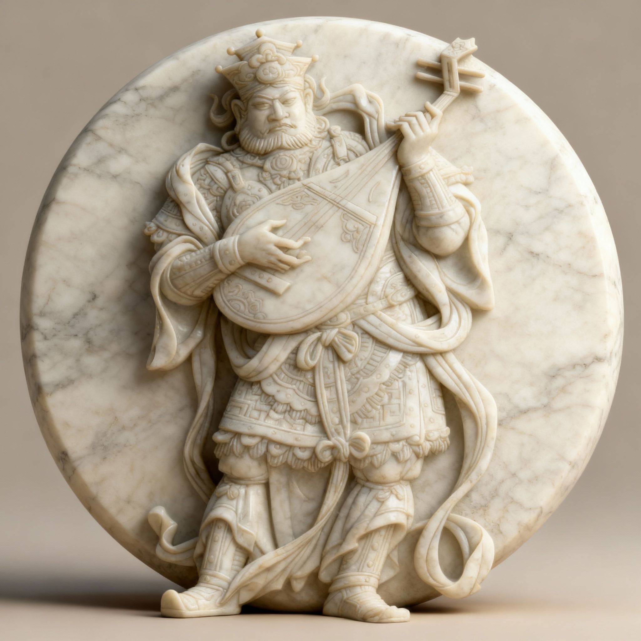 徐伟 – Transform this intricate black-and-white line drawing of a regal Chinese warrior in ornate armor playing a pipa into …