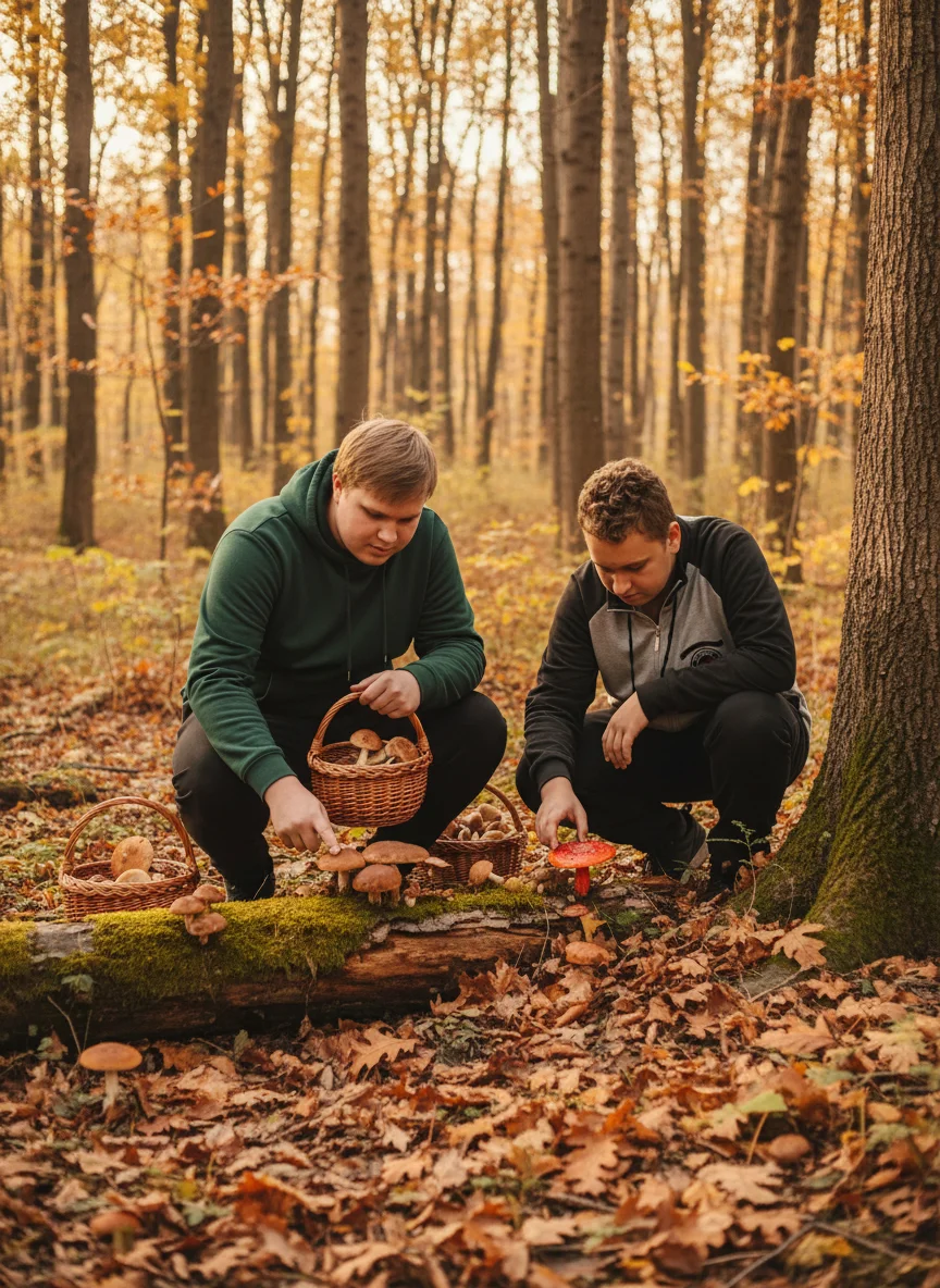 Лариса Примоченко – Two young people foraging for mushrooms in a dense autumn forest, wearing casual outdoor clothing similar to hoodies …