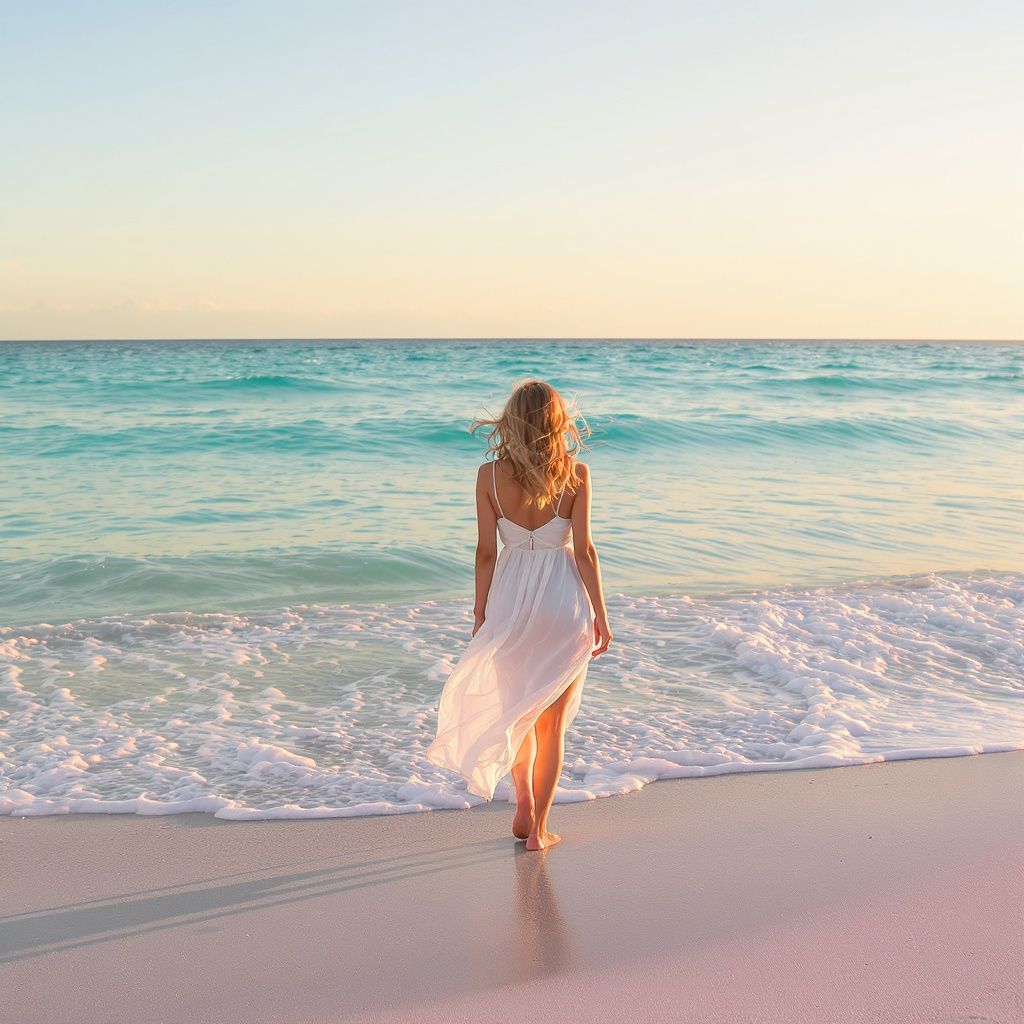 workmail player – A beautiful young woman standing on a pristine sandy beach, gentle ocean waves lapping at the shore, golden hour ligh…