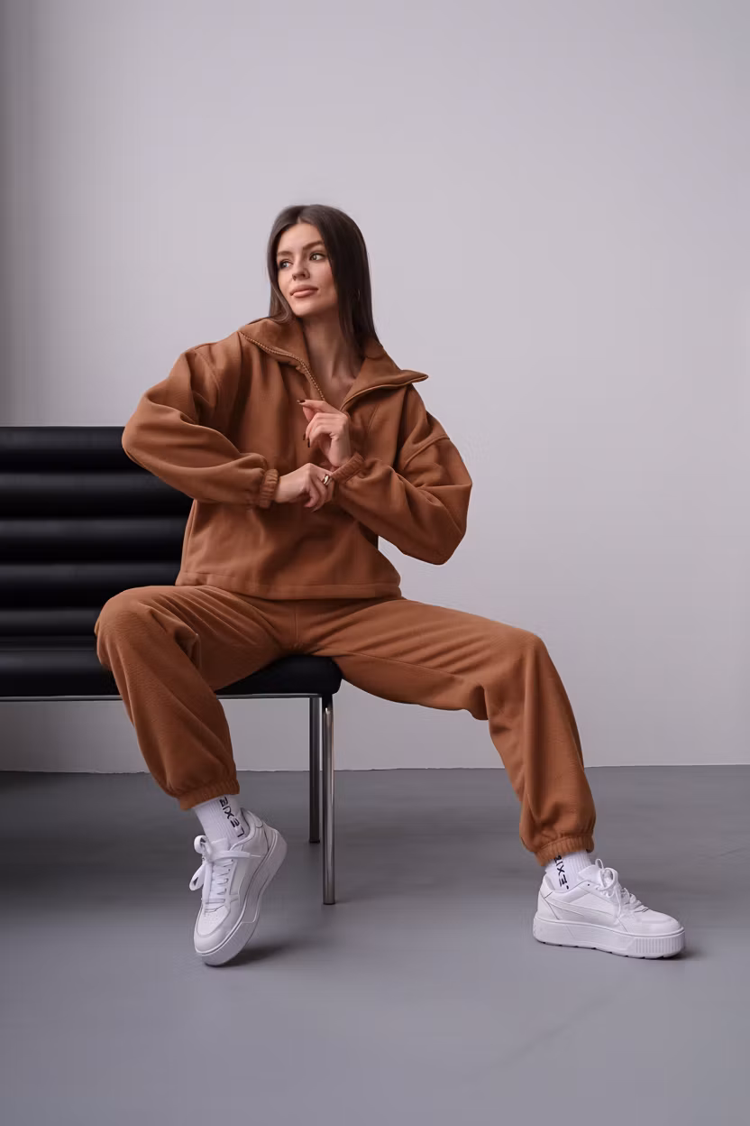 Рома Левицкий – Change the burgundy/magenta colored tracksuit worn by the woman to a warm light brown color. The tracksuit should bec…