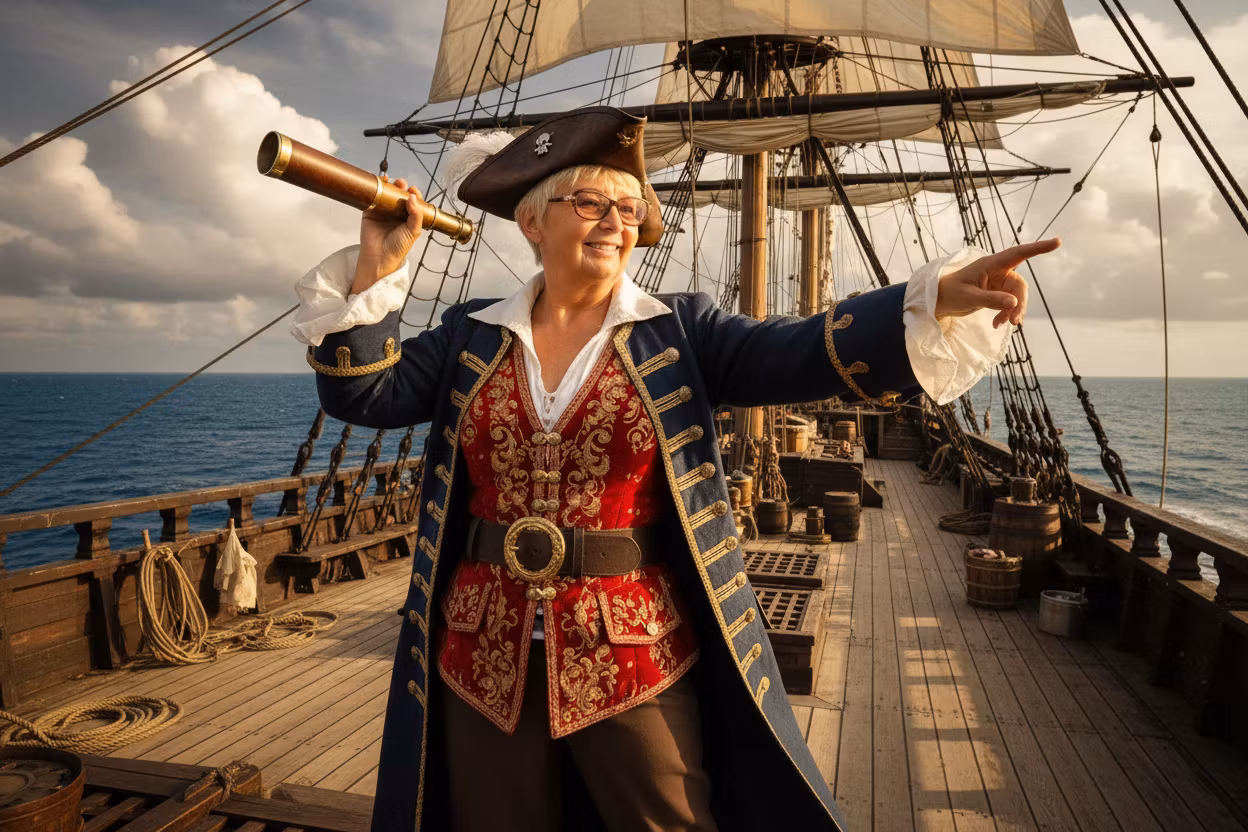Сергей «GrayEnot» Нотик – Transform this cheerful woman into a swashbuckling pirate captain aboard a majestic sailing ship. She maintains her f…