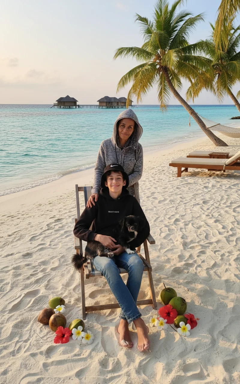 ANZHELA VIKTORIVSKA – Transform this family photo into a beautiful vacation scene on the Maldives. Place the woman and teenage boy (and the…