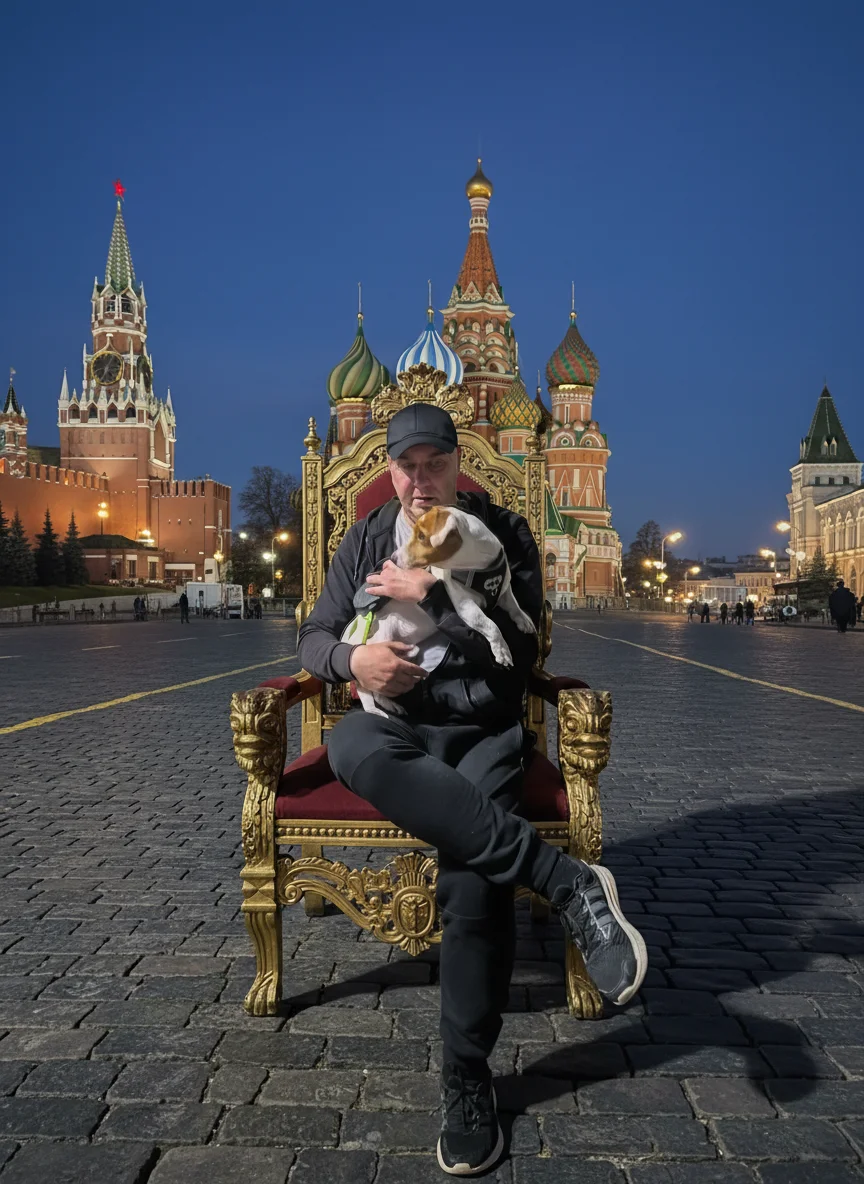 s s – A man in black clothing (black jacket, black sports pants, black cap, and sneakers) sitting majestically on an ornate…
