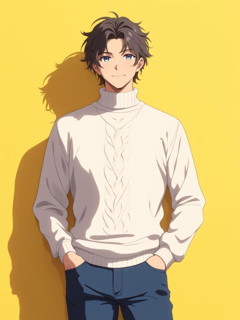 xX皮蛋瘦肉粥Xx – A confident man standing against a bright yellow background, wearing a white cable-knit turtleneck sweater and blue j…