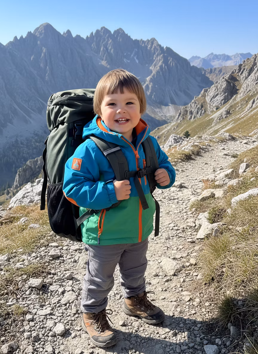 zzzsss Степанов – Transform this cheerful child into a young mountain hiker. Keep the same child's face, expression, and pose exactly a…
