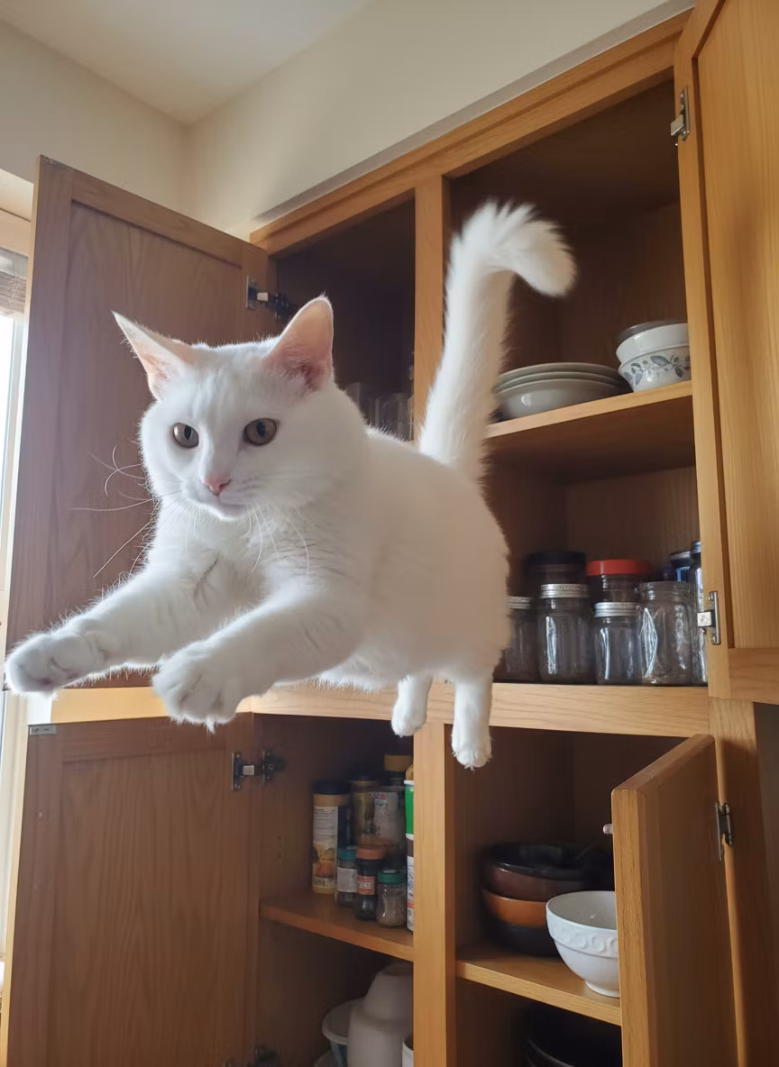 Vktor – Transform the scene to show the large fluffy white cat dynamically leaping and jumping across wooden kitchen cabinets…
