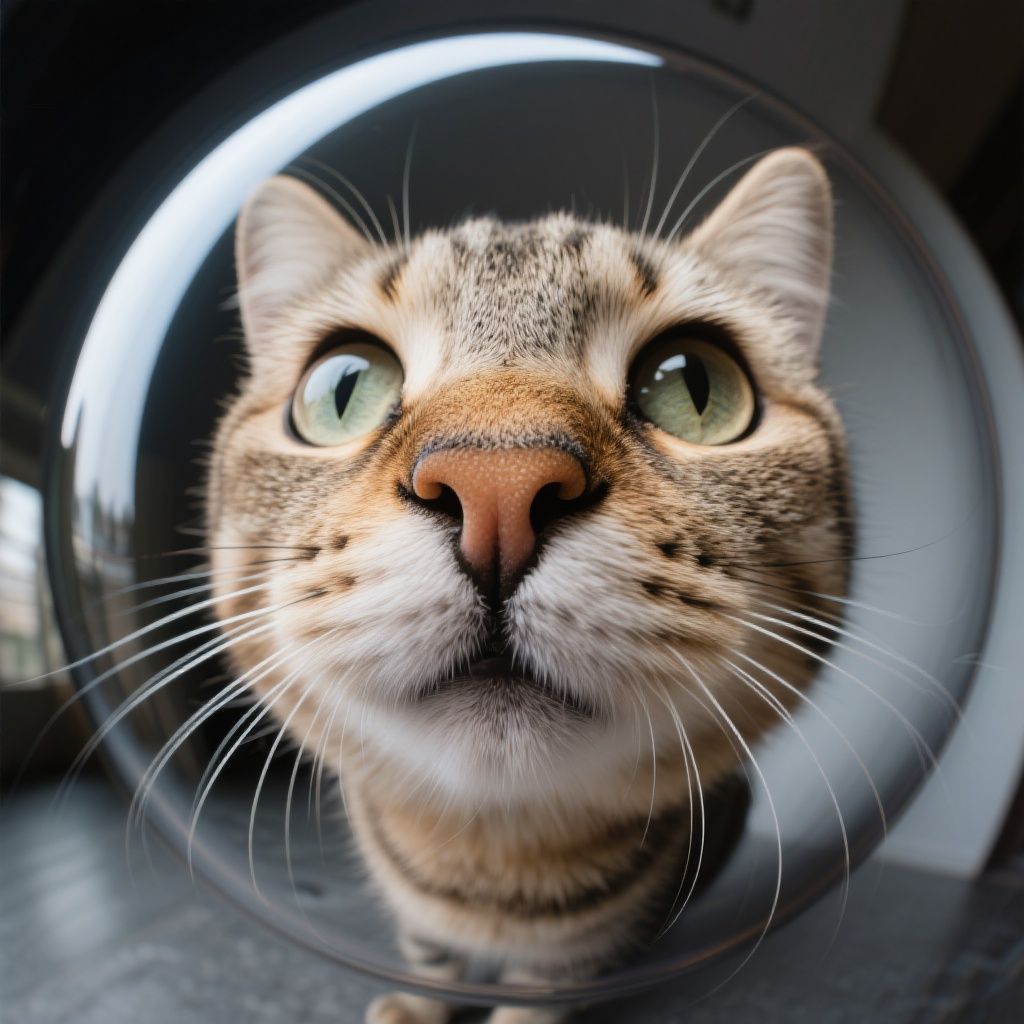 Ccddz – Fisheye lens photography of a cat's head at medium distance, moderate wide-angle distortion effect, cat's facial feat…