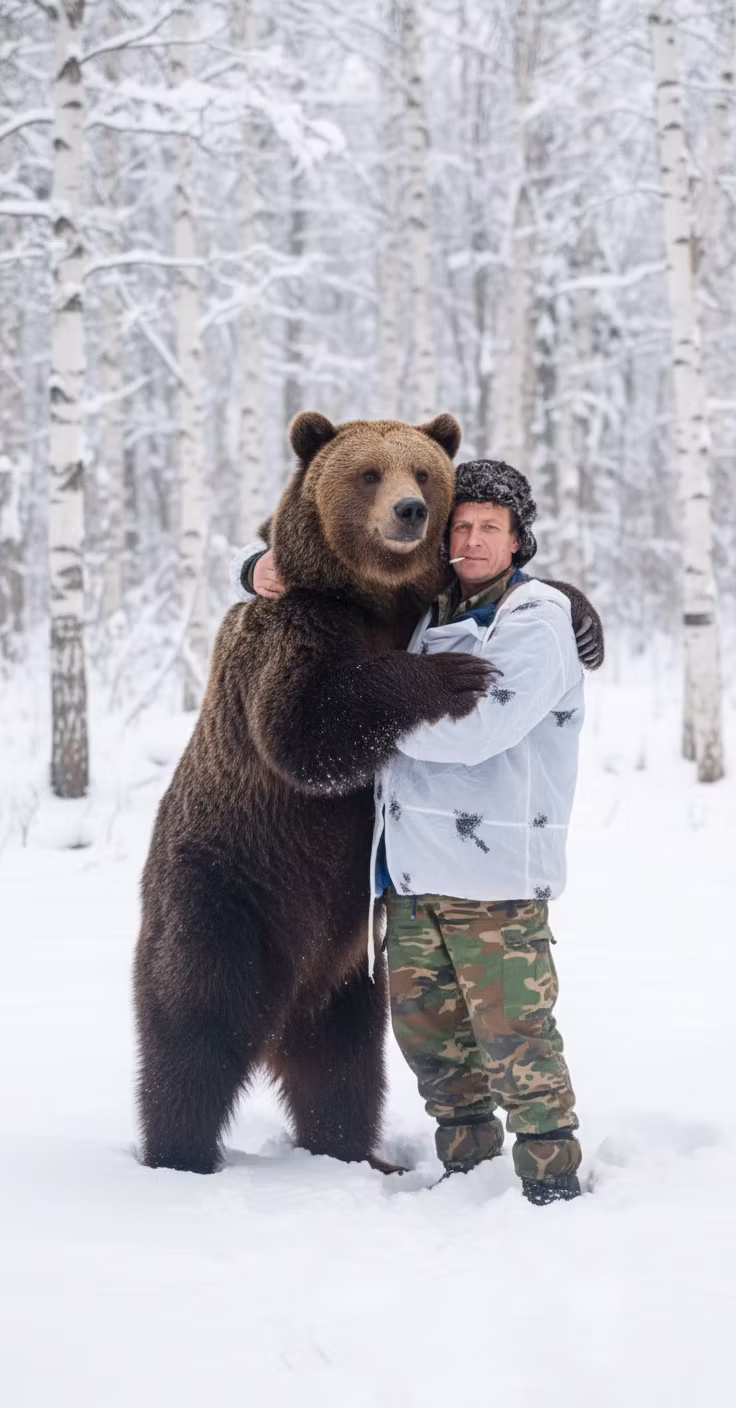 Борис Колесников – A heartwarming scene of a person gently embracing a large, majestic brown bear in a snowy winter forest. The person i…