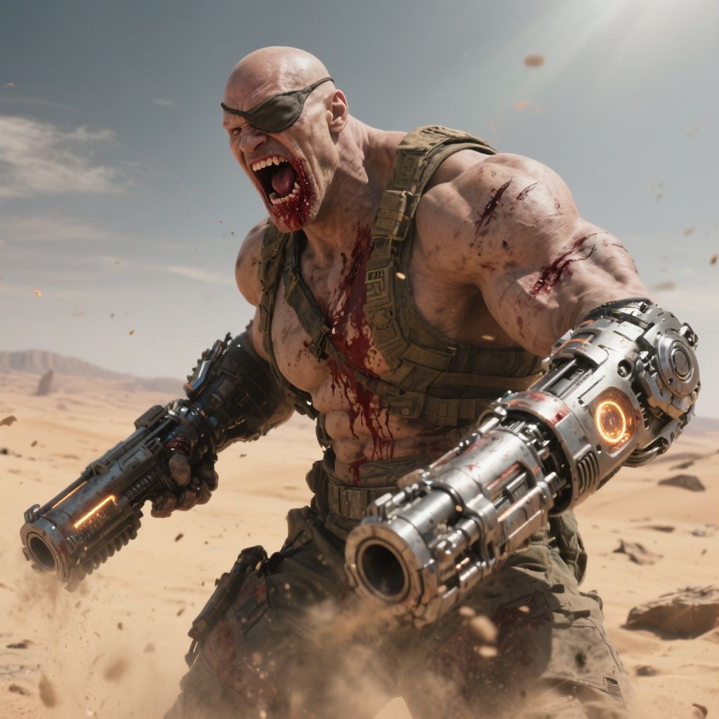 Prism Reality – Muscle-bound bald giant warrior in dystopian future desert wasteland, medium shot focused on face screaming with inte…