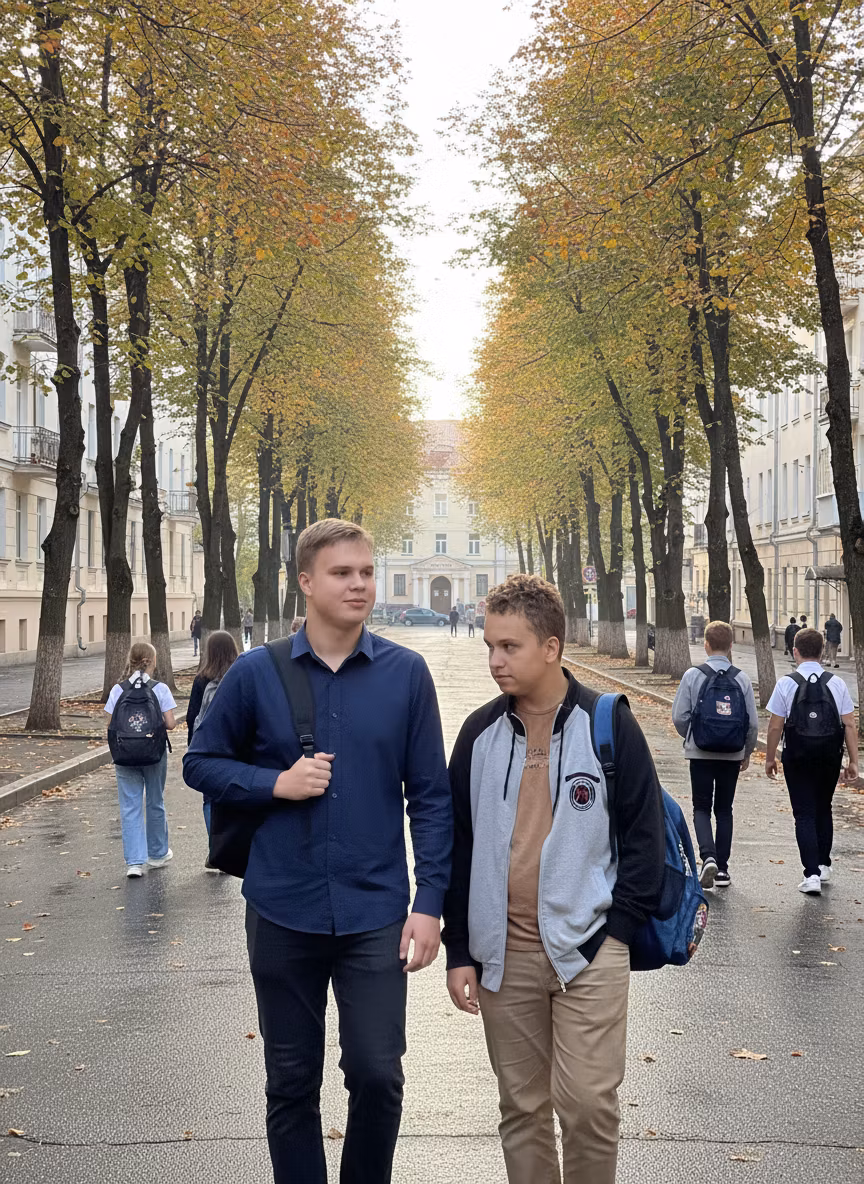 Лариса Примоченко – Two young students walking to school on September 1st, the first day of school. They are carrying school backpacks an…