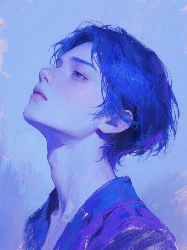 Dz.kc – Vertical 3:4 close-up portrait of a melancholic, androgynous character. Head gently tilted back to expose a slender n…