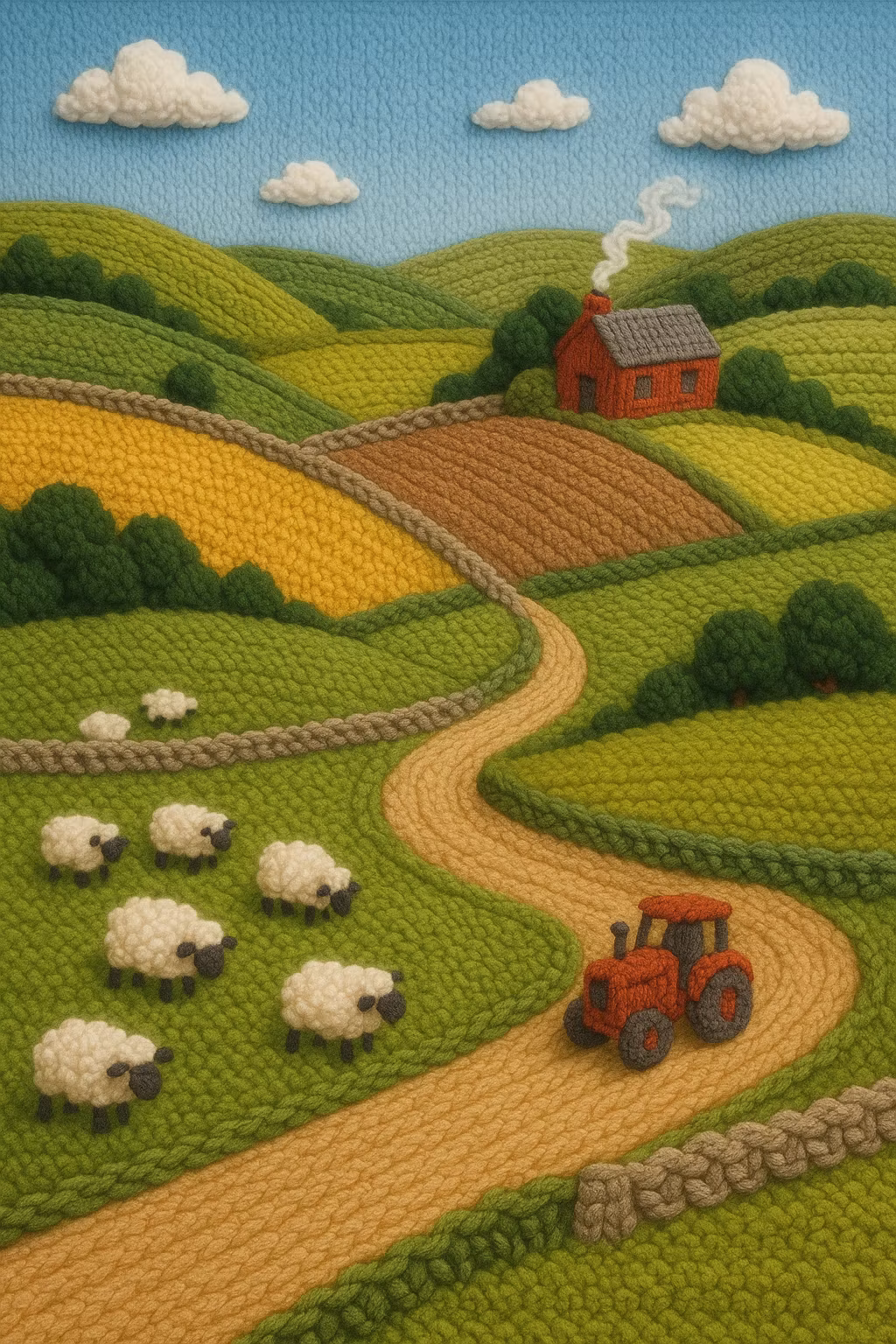 Kyro – A rolling countryside landscape knitted from yarn. Fields of green, yellow, and brown yarn stretch across undulating …
