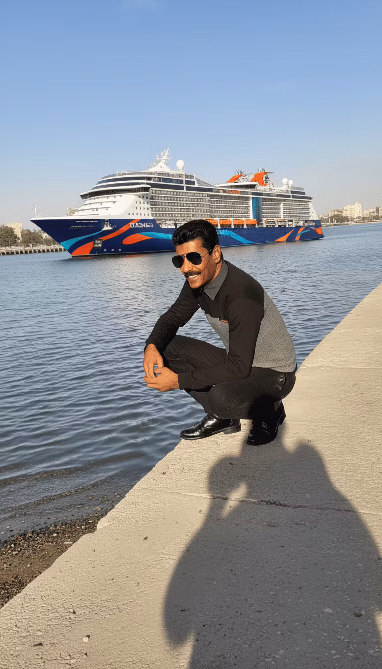 صادق حمزه پور – Edit the provided image of a man crouching by the water's edge on a concrete promenade with a city skyline in the bac…