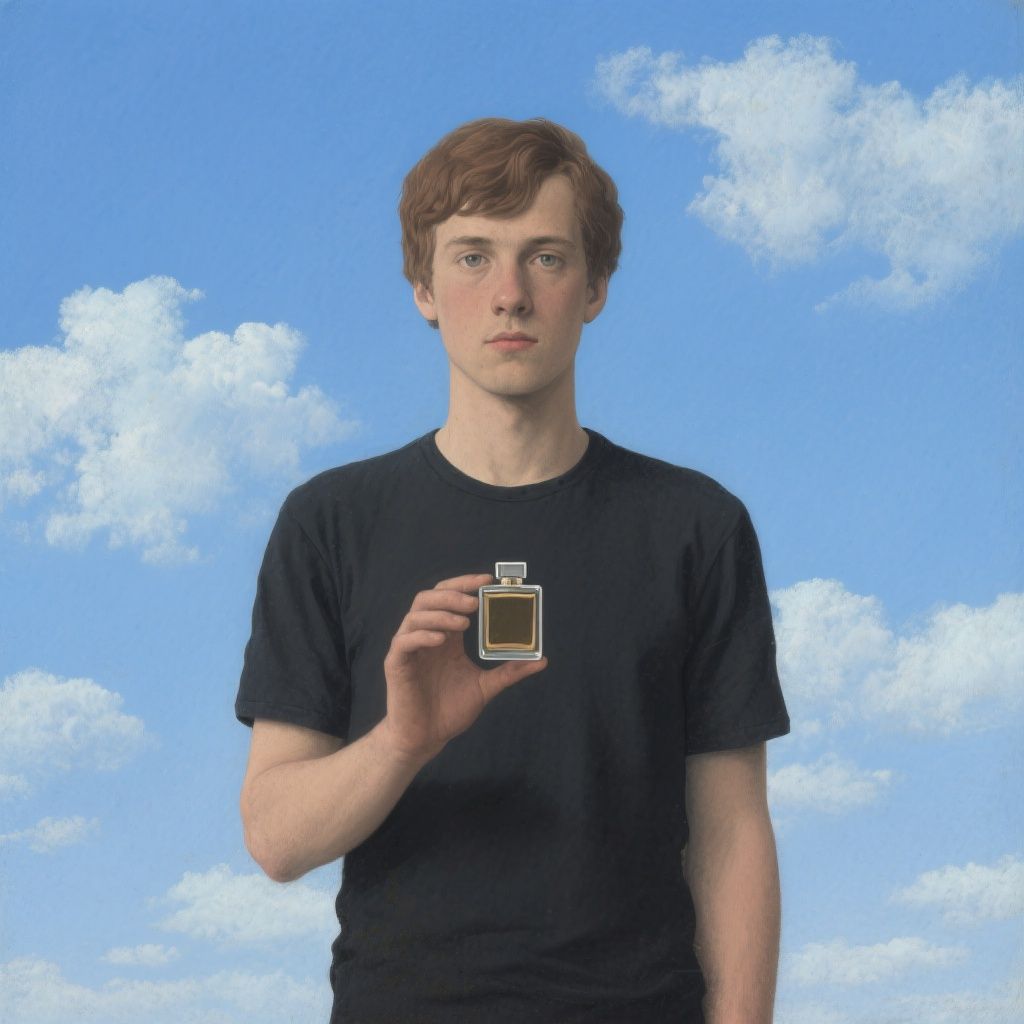 Javier Sempere – Surreal portrait in Magritte style featuring a contemporary young man with fair skin and brown hair wearing a trendy …
