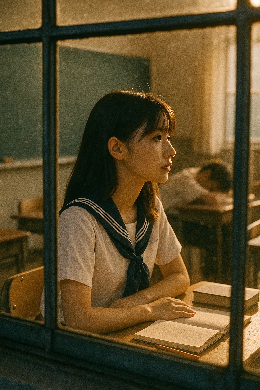 Kyro – Grainy disposable camera photo, A stunning Japanese high-school girl in a short-sleeve summer sailor uniform, photogr…