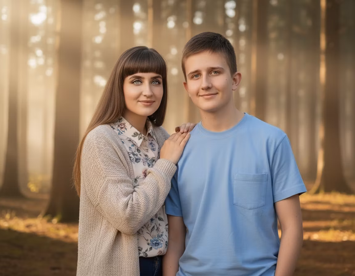 Ксения Павленко – Using the provided portrait image of a mother and son, create a new variant while preserving their exact facial featu…