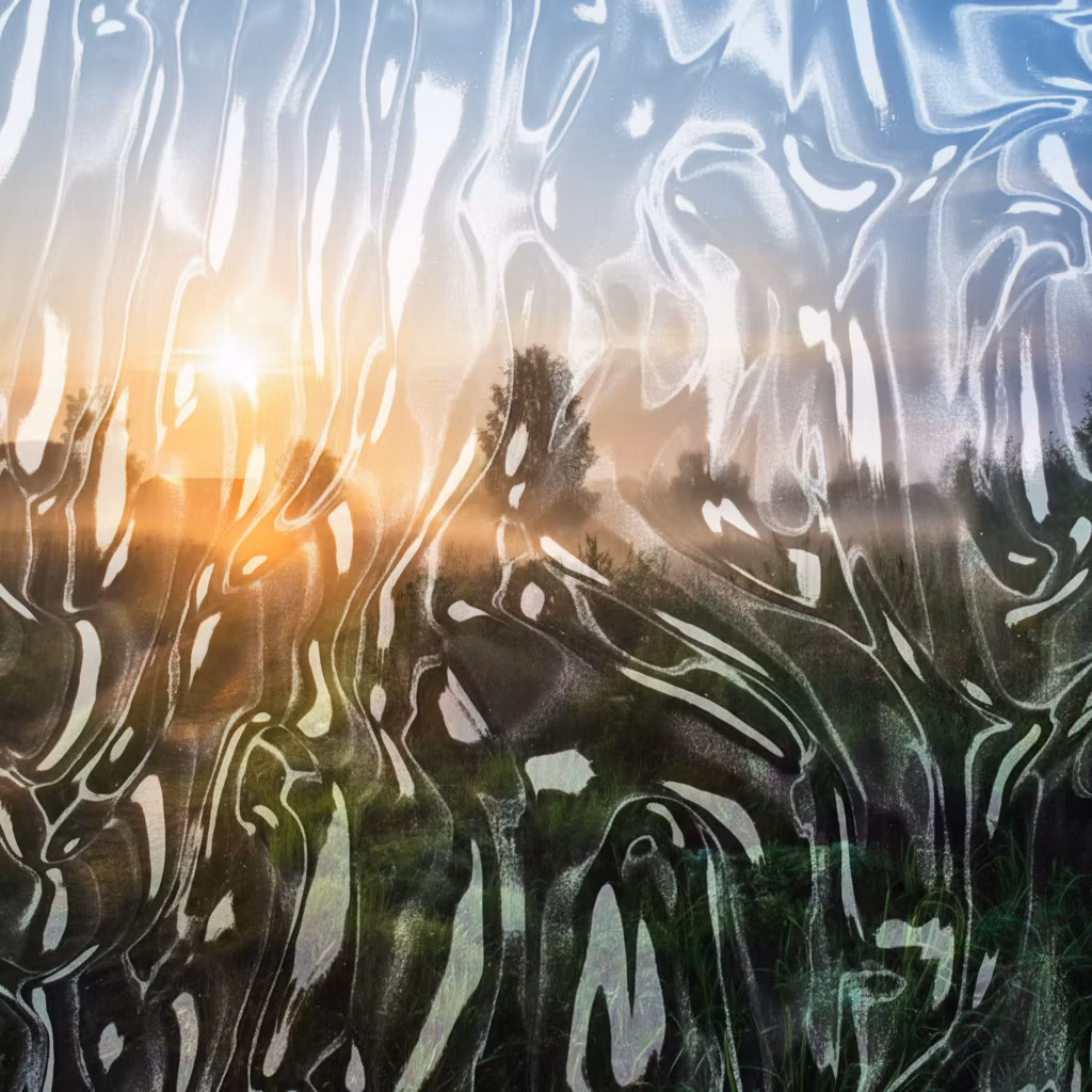 Вадим Максимов – Apply a distorted glass effect to the rural landscape image, using the glass texture pattern from the reference image…