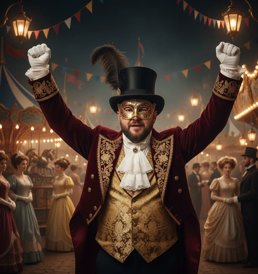 Герман Маслов – Transform this enthusiastic sports fan into an elegant Victorian count at a grand carnival celebration. Replace his m…