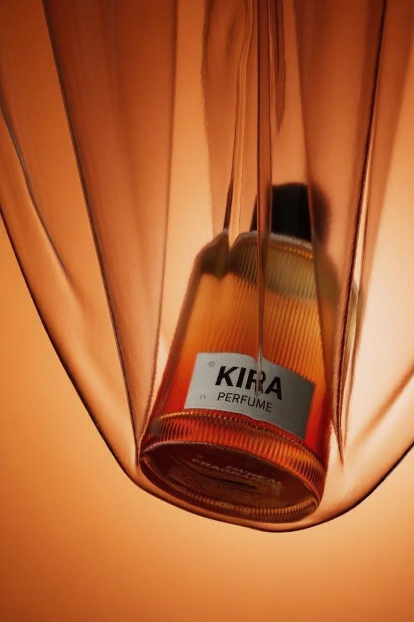 Lina Gul’ – Replace the text on the perfume bottle label with "Kira Perfume" while maintaining the original elegant typography st…