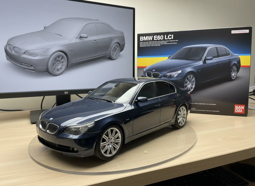 Максим Санин – Photorealistic commercial product photography of a 1/7 scale car model — BMW E60 LCI — displayed on a clear round acr…