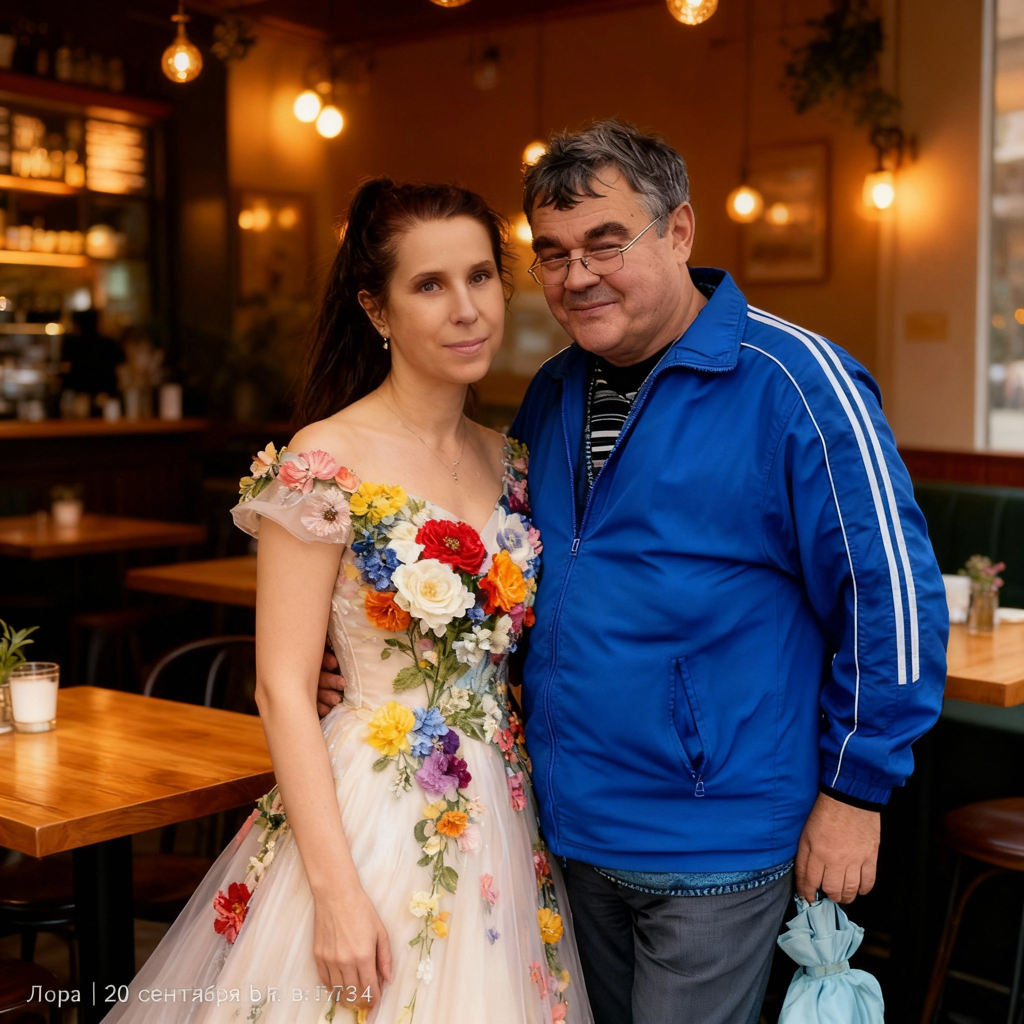 Лариса Примоченко – Edit the provided image to show the woman wearing a beautiful, elegant dress adorned with colorful flowers, while kee…