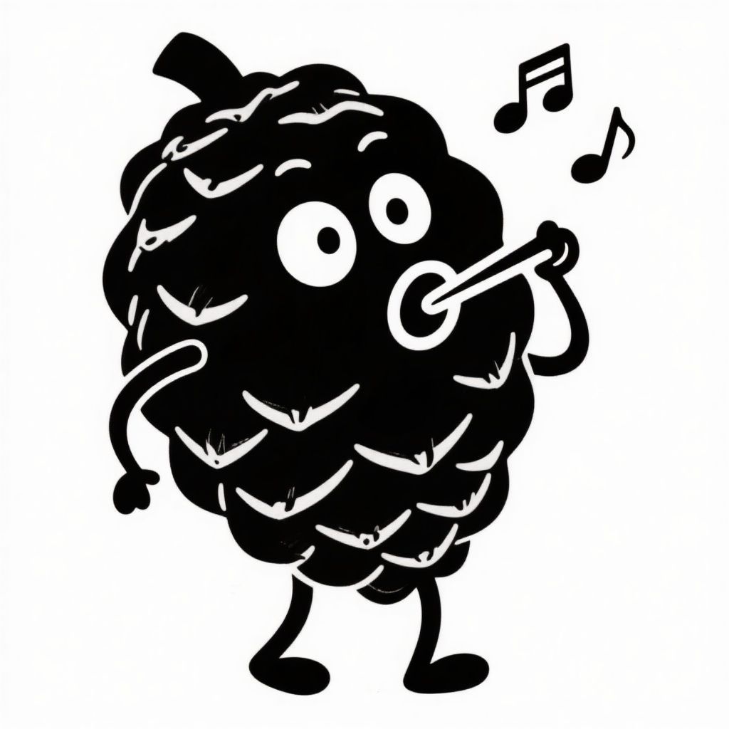Luke McNally – A simple, stylized 1940s cartoon pinecone character whistling, black and white illustration. Clean, minimalist design…