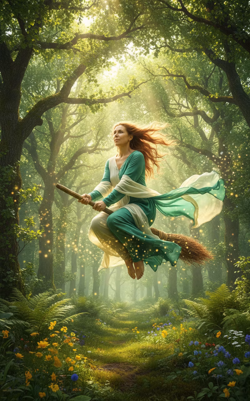Лариса Примоченко – A young woman gracefully flying through a mystical forest on a wooden broomstick, captured in a magical realism style…