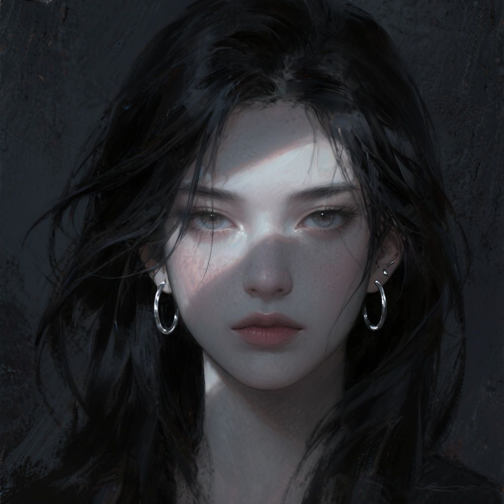 Dz.kc – CG thick-painting style, close-up portrait of a beautiful girl with messy flowing black hair, sharp jawline and dange…