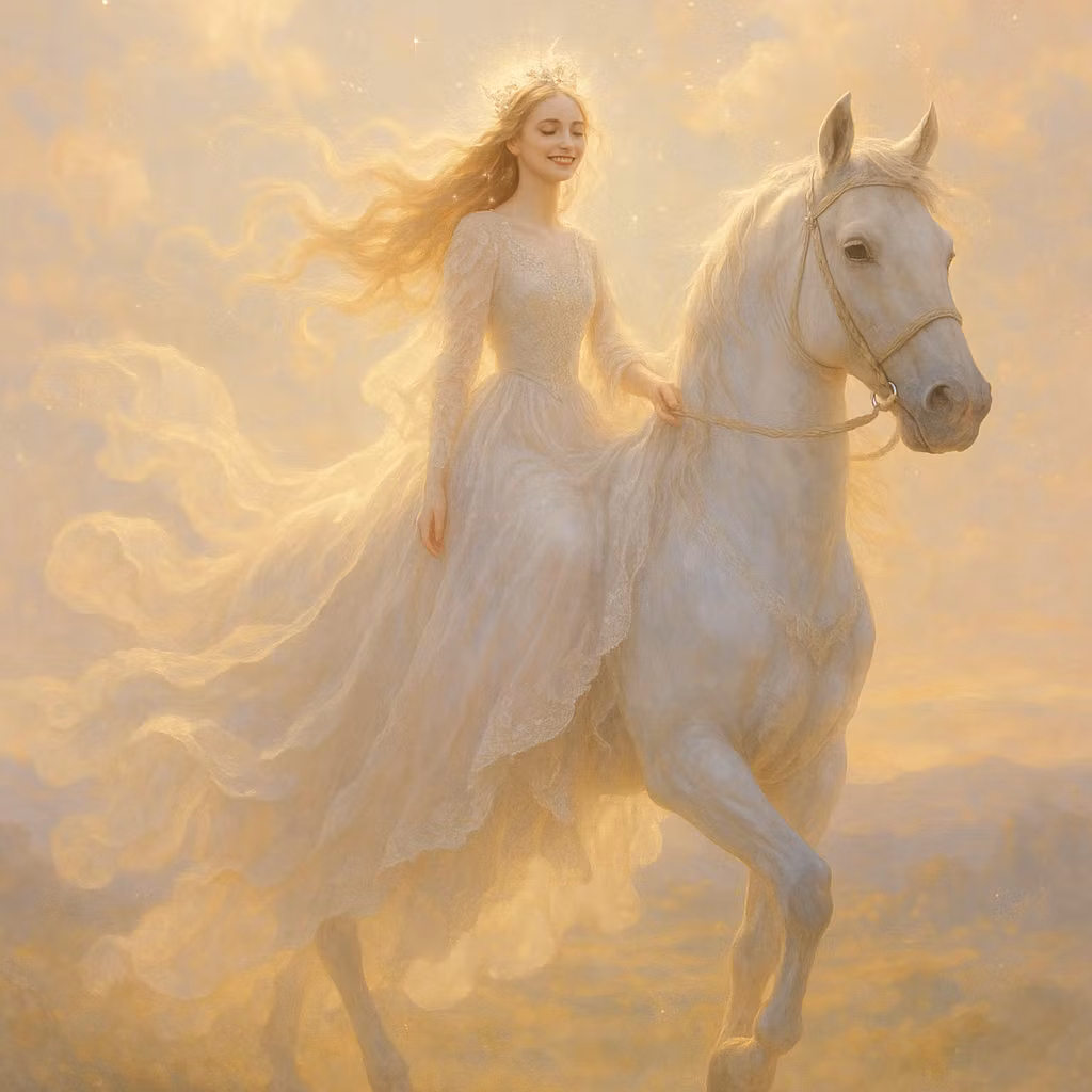 Ccddz – An ethereal princess in flowing elegant gown riding a majestic horse, transcendent and otherworldly beauty, radiant c…