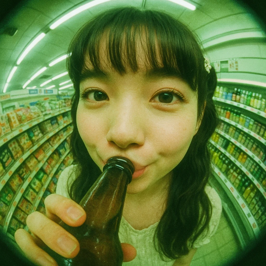 Kyro – Music video scene, extreme fisheye 5mm lens distortion. Japanese grocery store interior with aisles of packaged foods…